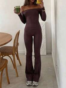 Aoqta Sports Women's Fall Casual Cold Shoulder 2 Pieces Set,Sexy Solid Color Long Sleeve Top & High Waist Slim Fit Flare Pants,For Yoga,Daily Wear - Purple - View 9