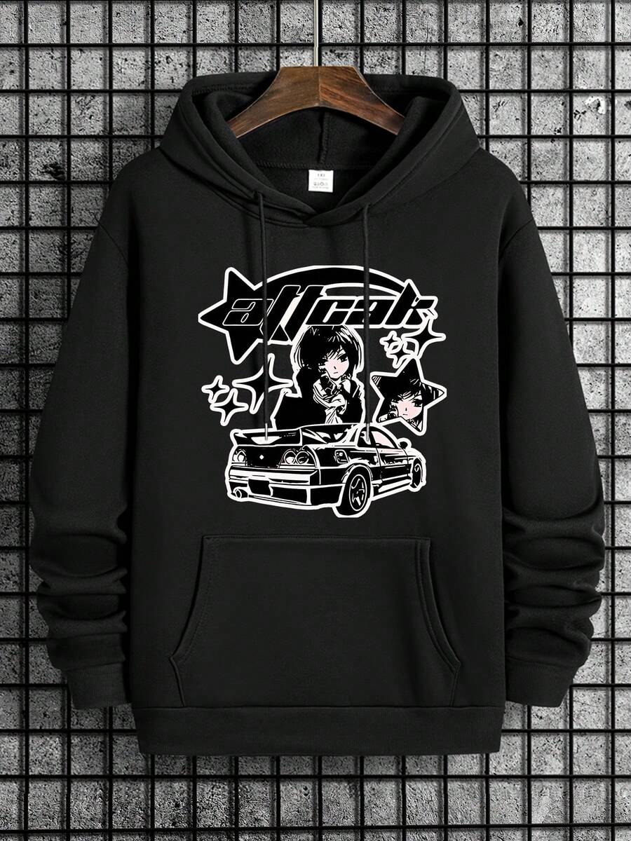 Men's New Anime Character Cartoon Print Casual Sweatshirt, Fashionable Drawstring Hoodie, Comfortabl - Black - View 1