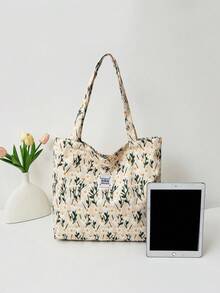Fresh Colorful Floral Contrast Fabric Large Capacity One Shoulder Tote Bag - White - View 7