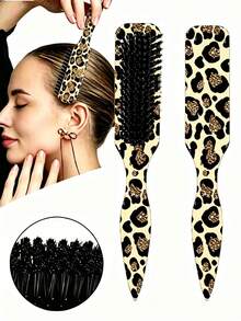 1pc Gold Leopard Print Comb, Unisex Smooth Plastic Hairbrush, Double Ponytail Styling Comb/Beard Brush, Unscented Hairdressing Comb, Edge Control Comb, Wide Tail Design With Wide Pointed Tail Backcomb And Detangling Comb, Convenient For Parting, Styling, Polishing And Smoothing Hair, Creating Smooth Frizz-Free Hairstyle, Suitable For Men And Women, Recommended As Christmas Gift - Multicolor - View 7