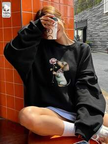 Oversized Women's Sweatshirt For Autumn/Winter, Casual Daily Wear, Long Sleeve Hoodie, Outerwear Top, Y2K, Letter Slogan Graphic, Unisex,Black - Black - View 4