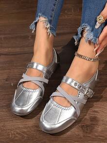 1 Pair Silver Buckle Flat Mary Jane Shoes, Fashionable Collegiate Style - Silver - View 4
