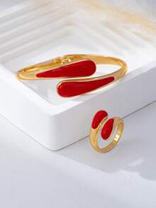 2pcs Fashion New Gold-Plated And Artificial Drip Red Water Drop Shape Women's Bracelet And Ring Jewelry Set - Golden Red - View 5