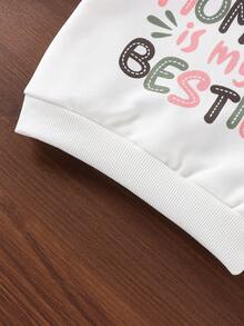 Bhchntiy 2pcs Baby Girl Autumn/Winter New Style Mom Is My Best Friend Colorful Letter Print Bow Ribbon Crew Neck Sweatshirt And Pants - White - View 6