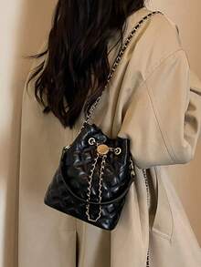 Nicekee Diamond Patterned Drawstring Bucket Handbag With Thin Chain And Metal Accessories, Suitable For Daily Outings, Dates, Gatherings And Commuting - Black - View 3