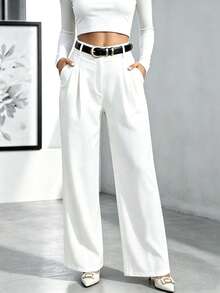 Women's Solid Color Pocket Draped Button Casual Wide Leg Long Pants - White - View 7