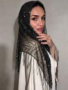 1pc Summer Beach New Jazz Dance Street Dance Waist Chain Hip Scarf Accessory, Sequin Triangle Scarf Tassel Waist Belt, Multi-Functional Waist Wrap - Black - View 3