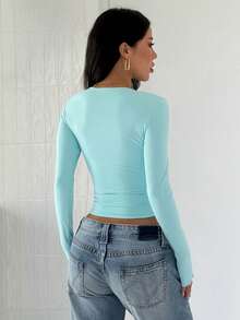 Women's Contrast Lace Long Sleeve Casual Top - Mint Blue - View 3