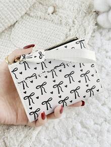 Fashionable Bow Printed Short Wallet, Foldable Buckle Portable Cash, Credit Card Tassel Decoration Wallet, Suitable For Carrying Around - Black - View 2