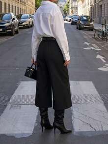 DONICY Women's Black High-Waisted Single-Button Pleated Wide-Leg Cropped Suit Pants, Draped Loose Commuter Office Trousers, All-Season Daily Wear - Black - View 2
