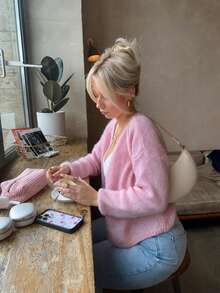 Women's Spring/Autumn/Winter Pink Basic Minimalist Long Sleeve V-Neck Front Open Cardigan Knit Jacket, Solid Color Gentle Casual Daily Wear - Pink - View 2