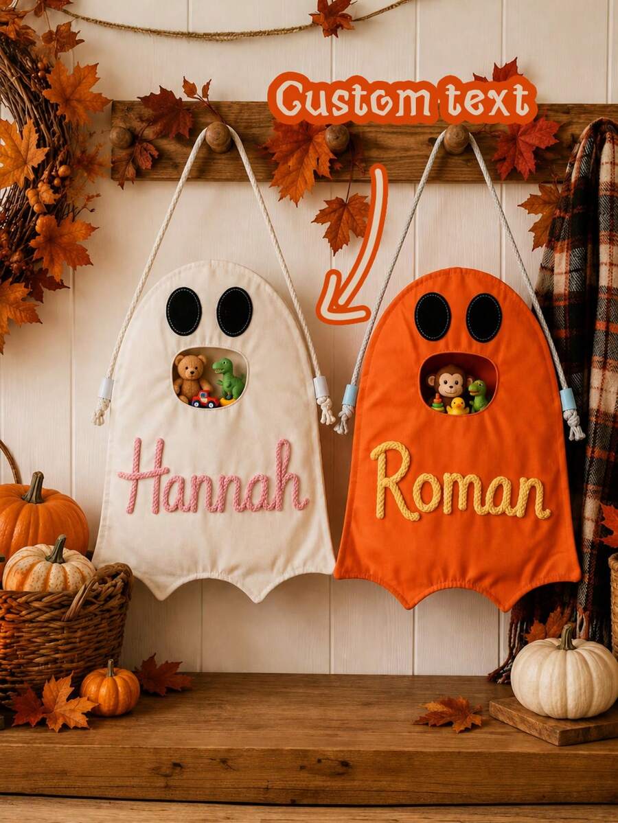 Halloween 3D Embroidered Ghost Candy Bag, Personalized Custom Name Kids Halloween Trick Or Treat Bucket, Cute & Funny Party Gift, Reusable Handheld Costume Bag - Multicolor - View 1