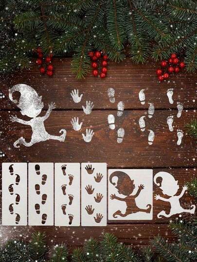 6pcs/Set Christmas Gnome Stencil Set With Footprints And Handprints, Plastic Drawing Templates, Christmas Footprint Stencils, Gnome Craft Templates, Gnome DIY Stencils, Reusable PET Templates For Drawing Window Sill Gnomes/Footprint Christmas