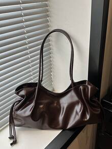 Cross-Border Korean Style Commuter Fashion New Large Capacity Pleated Drawstring Casual Minimalist Chic Shoulder Tote Bag - Coffee - View 10