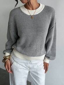 SEREN Women's Versatile Black & White Contrast Waffle Knit Sweater, Loose Fit Slenderizing Lantern Sleeve Knit Top, Suitable For Autumn/Winter - Black and White - View 3