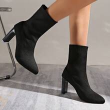 Women's Solid Color Fashion Woven Chunky Heel Ankle Boots For Outdoor And Indoor Wear In Autumn/Winter - Black - View 5