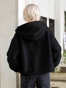 Regular Hooded Drawstring Design Jacket For Middle-Aged And Elderly Women, Ideal Choice For Casual And Formal Occasions In Autumn And Winter - Black - View 3
