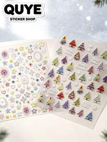 1 set d'autocollants décoratifs esthétiques, style broderie de Noël, sapin de Noël coloré, motif pailleté étoile et cœur, autocollants pour ordinateur portable, décoration d'appareil numérique pour adulte, pour iPad, coque de téléphone, appareil photo, tasse à eau, carte cadeau - FÉV-860 TO-5105 - Voir 3