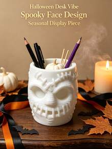 Cubo de almacenamiento multiusos con diseño de calavera cosida creativa, organizador de brochas de maquillaje de Halloween espeluznante, soporte de papelería para tocador, decoración de mesa festiva atmosférica - Multicolor - Ver 6