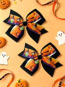 2pcs Halloween Bow Hair Clips For Girls Fashionable Gift Children Girls Hair Bows With Clips For Halloween Gift Festivals Party School - Green - View 3