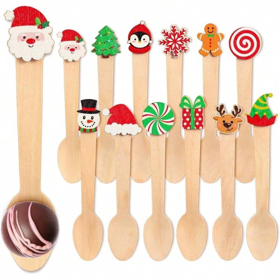 36pcs Christmas Style Snowman/Penguin/Snowflake/Santa Claus Pattern Wooden Spoons, Disposable Tasting Spoons, Christmas Fun Cartoon Shaped Sample Spoons, Smooth Edges Without Burrs, Suitable For Winter Holiday Hot Chocolate, Cake, Coffee, Ice Cream, Etc. - Multicolor - View 1