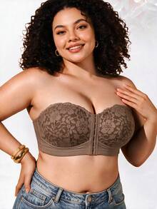 1pc Women's Plus Size Bandeau Bra, Lace Cup, Ruched Design, Front Closure Invisible Strap Bra, Comfortable Lift, Seamless Fit - Mocha Brown - View 7