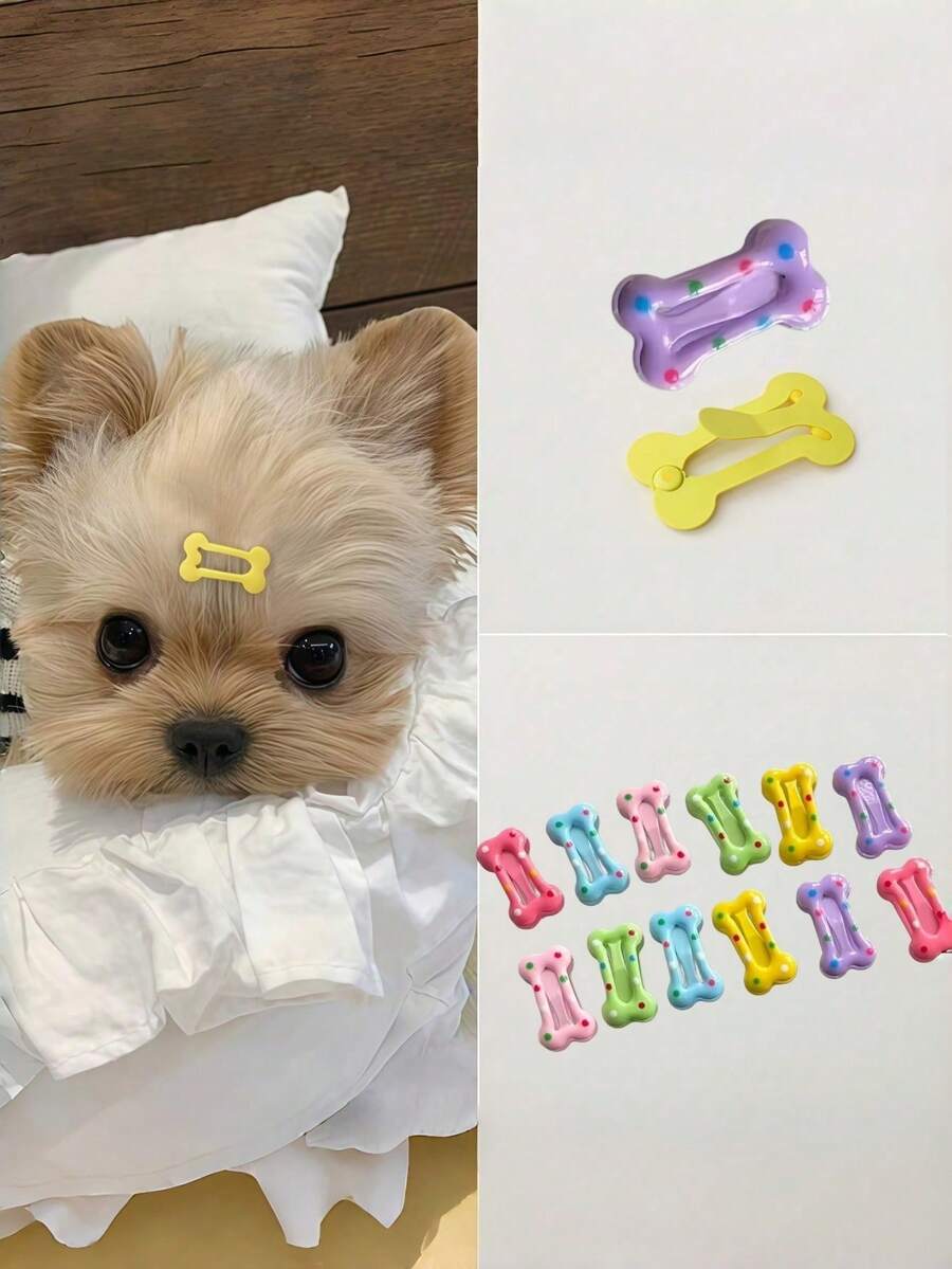 5/20pcs Mini Bone Shaped Pet Dog Hair Clips, Cute Polka Dot Candy Color Cat Dog Hair Clips, Pet Hair Accessories Set, Random Color Bone Pattern - Multicolor - View 1