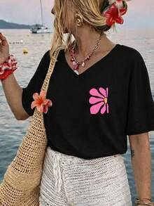 Women's Plus-Size Clothing: T-Shirt With A Geometric Pattern On The Front And Back, Suitable For Casual Holidays; Relaxed Fit, Short Sleeves - Black - View 2
