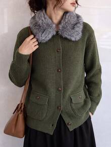 Jaket Kardigan Rajut Kasual Hijau Terbaru untuk Wanita, Kerah Bulu Imitasi Warna Kontras, Desain Pendek Musim Dingin - Hijau - View 3