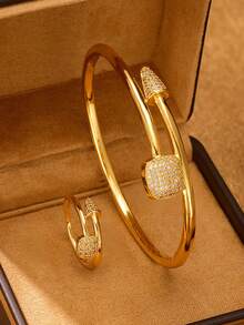 2pcs/Set Fashion Classic Wedding Bridal Handmade Zirconia Inlaid Shiny Nail Shape Bracelet And Ring, 64mm Diameter Openable, Suitable For Women's Daily Wear, Bring Wealth And Good Luck, Gift Box Not Included - Gold - View 5