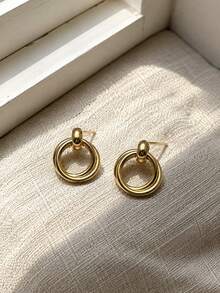 Women's Gold Stainless Steel Earring Set, Geometric Hoop Earrings And Studs, Vintage Personalized Jewelry, Suitable For Daily Wear And Parties - Gold - View 12