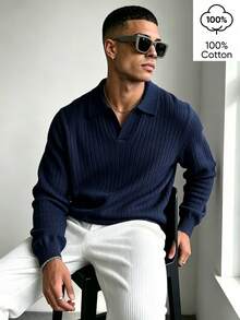 WAIT HIM 100% Cotton Men's Casual Solid Color Long Sleeve Ribbed Undershirt - Navy Blue - View 1