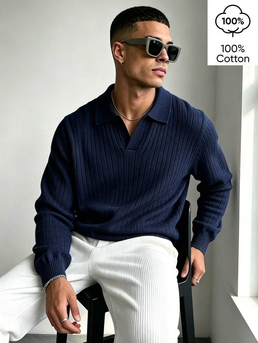 WAIT HIM 100% Cotton Men's Casual Solid Color Long Sleeve Ribbed Undershirt - Navy Blue - View 1