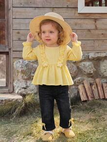 Baby Girl Spring/Autumn Fresh Pastoral Style 2-Piece Set Textured Striped Ruffle Trim Hem Cinched Waist Round Neck Pullover Top + Bow Decor Black Gray Denim Gradient Straight Leg Long Pants - Yellow - View 2