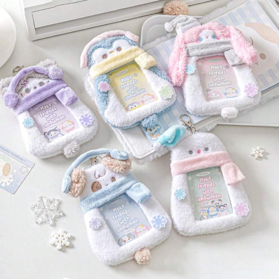 1pc Cute Fluffy Winter Animal Photocard Holder Keychain, Kawaii Plush Idol Card Protector Sleeve Bag Charm Gift For School Student