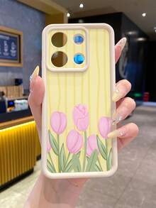 1pc Fashion Pure Android TPU Material Yellow Striped Tulip Flower Element Pattern Lens Protection Thick Anti-Fall Anti-Fingerprint Beige Diamond Sand Phone Case Compatible With Samsung/Transsion/HONOR/ - Beige - View 3
