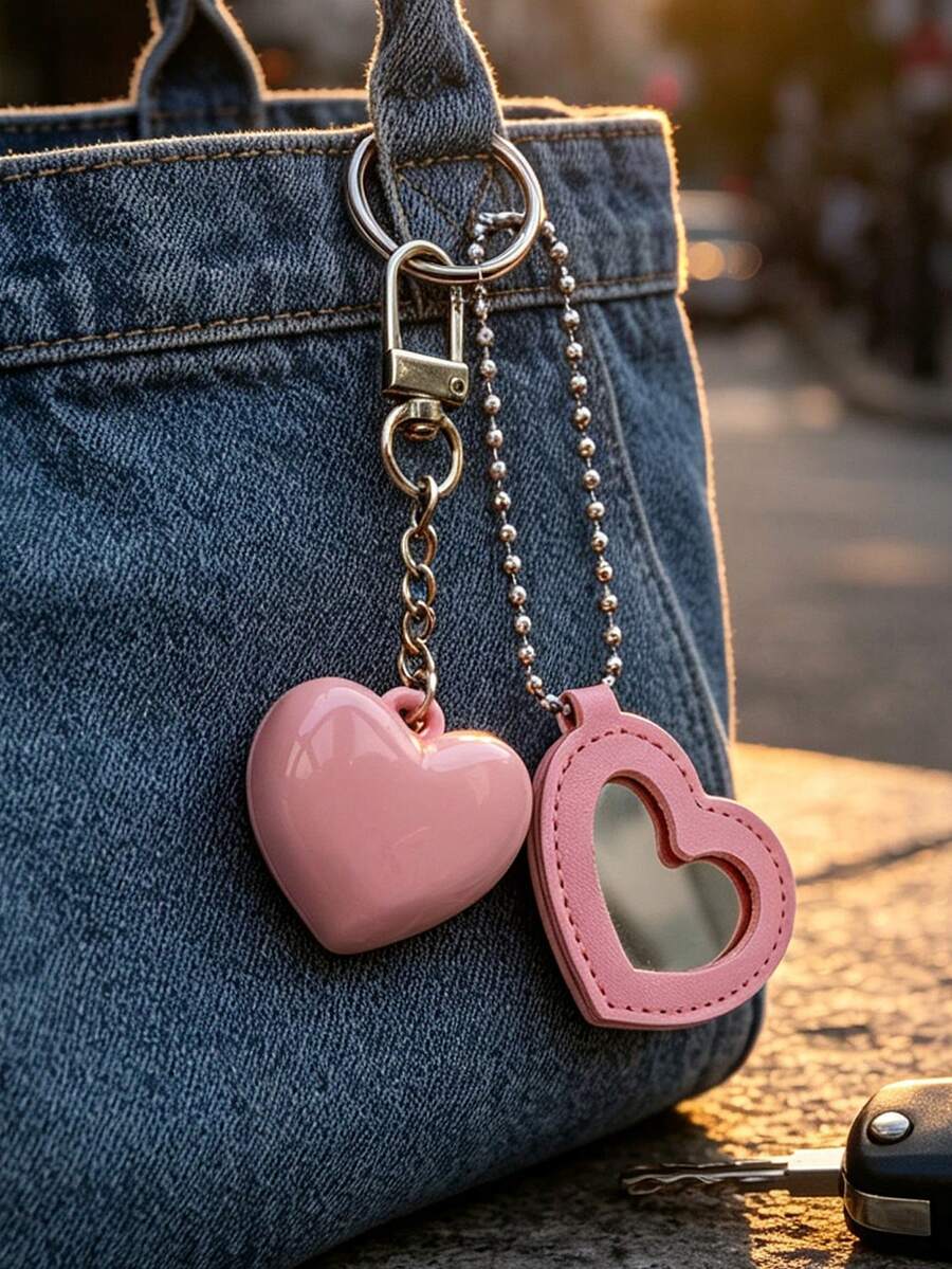 Exquisite Heart-Shaped Keychain, Mirror Bag Charm, Makeup Keychain, Blush Empty Box Dispenser, Elegant Appearance, Fashionable Compact And Lightweight, Fashionable Bag Charm, Alloy Fashion Accessory, Fashionable Friendship/Couple Gift, Bag Accessory, Novel Gift For Family And Friends, Valentine's Day Gift, Thanksgiving Gift - Multicolor - View 1