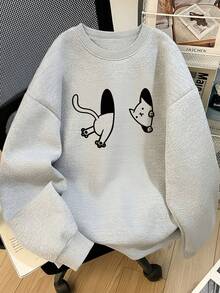 Japanese Minimalist Line Drawing Cat Print Crew Neck Sweatshirt, Oversized Drop Shoulder Slimming Student Casual Autumn Top - Light Grey - View 5
