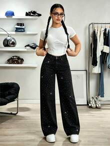 Teen Girl's Loose Fit Washed Wide Leg Pants With Rhinestone Embellishment, Casual Long Pants For Daily Wear - Black - View 4
