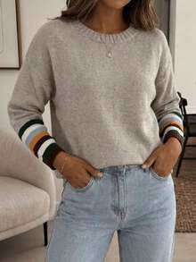 Women's Vintage Round Neck Drop Shoulder Long Sleeve Knit Sweater, Light Gray Slouchy Contrast Stripe Cuffs Versatile Pullover - Grey - View 4