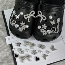 16pcs Silvery Heart Shaped Chain Shoe Charms | Bling Rhinestone Bow-Knot Dollar Shoes Decorations, Diy Removable Artificial Faux Bead Shoe Accessories - Silver - View 3