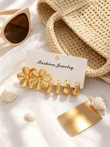 Set 3 Pasang Anting Lingkaran Emas, Anting Lingkaran Berbentuk C Berongga Motif Bunga Campuran, Bintang, Daun, untuk Pemakaian Sehari-hari Wanita - Emas - View 5