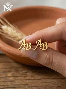1 Pair Customized English Initial Earrings, Made Of Stainless Steel. This Minimalist Design Is Unique And Subtle, Making It The Perfect Gift For Her On Christmas, Valentine's Day, Birthday Or Anniversary. - Yellow Gold - View 4
