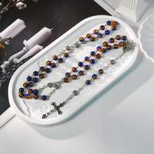 手工製作復古風藍綠配色珠飾天主教玫瑰念珠項鍊，附十字架吊墜，手工珠寶，適合全年配戴，靈性飾品 - 紫橙 - 查看 5