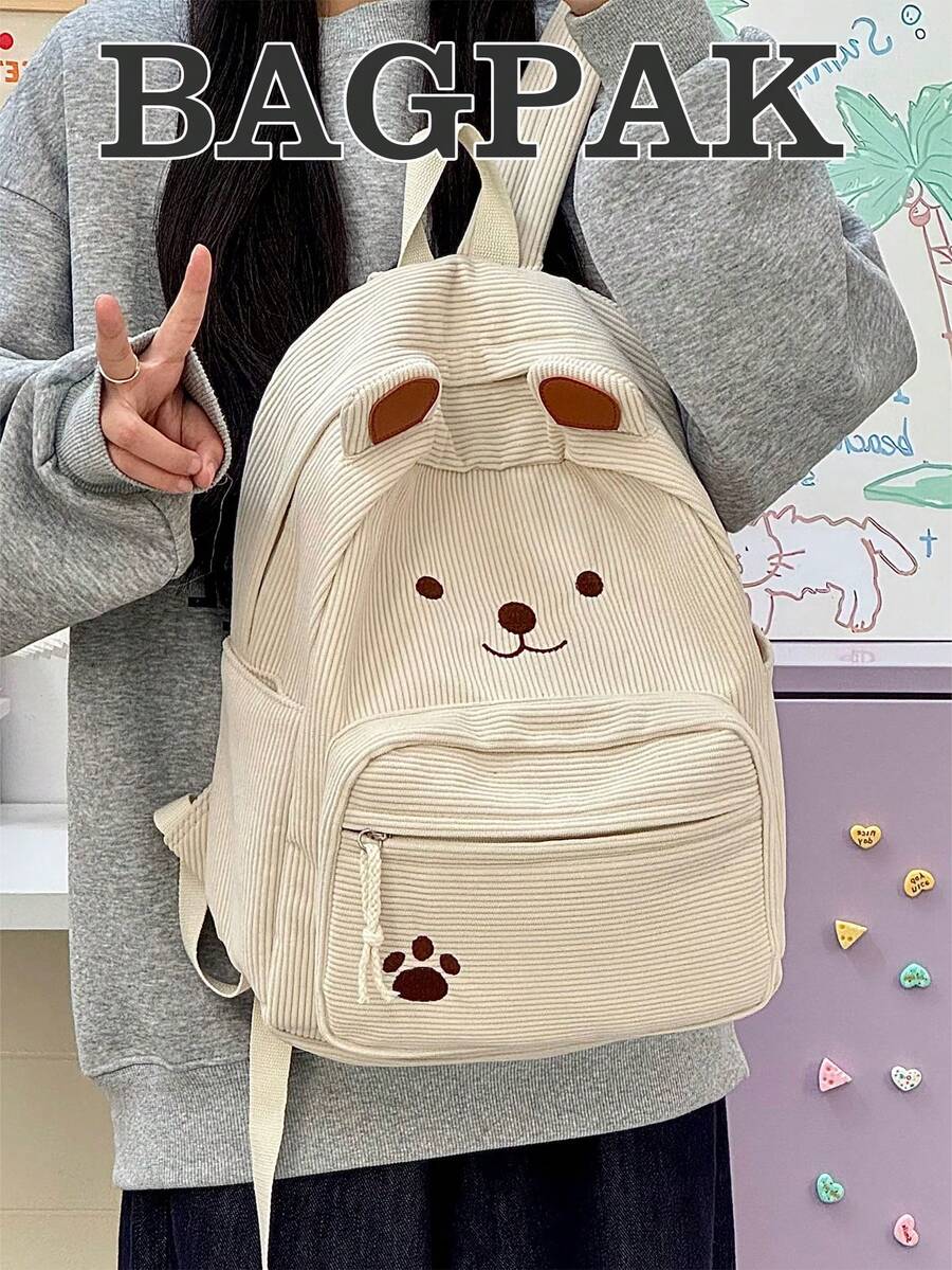 PC Cartoon Bear Pattern Corduroy Backpack, Sweet Casual Style, Top Handle Side Pockets, Lightweight And Durable, Suitable For School, Daily Shopping And Short Trips - Multicolor - View 1