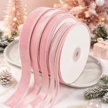 1 Roll 10 Yards Pink Flocked Flocked Ribbon For Gift Wrapping, Crafts, Christmas Tree Decorations, Wreath Decor, 3/8"-5/8"-3/4"-1"-1 1/2"-2" Inches (With Paper Spool For Easy Storage) - Pink - View 1