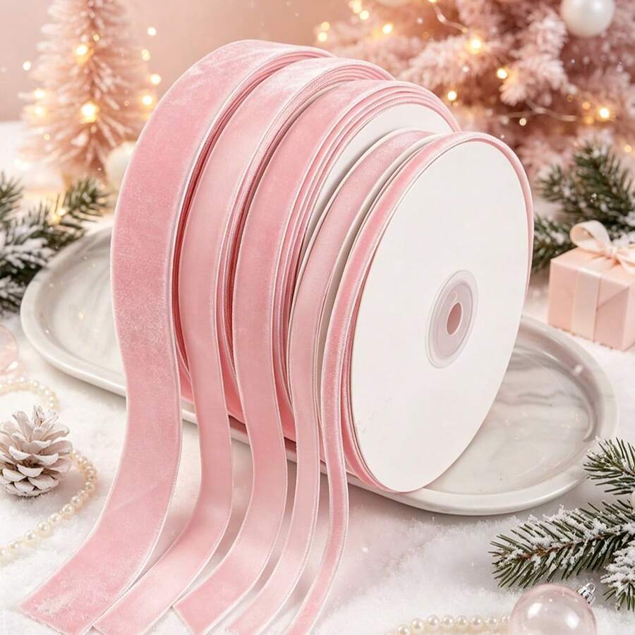 1 Roll 10 Yards Pink Flocked Flocked Ribbon For Gift Wrapping, Crafts, Christmas Tree Decorations, Wreath Decor, 3/8"-5/8"-3/4"-1"-1 1/2"-2" Inches (With Paper Spool For Easy Storage) - Pink - View 1