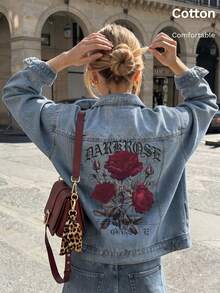 Classic Women's Denim Jacket For All Seasons, Gothic Rose Print, White Ink Direct-To-Garment, Loose Fit Casual Top - Light Denim Blue 2 - View 2