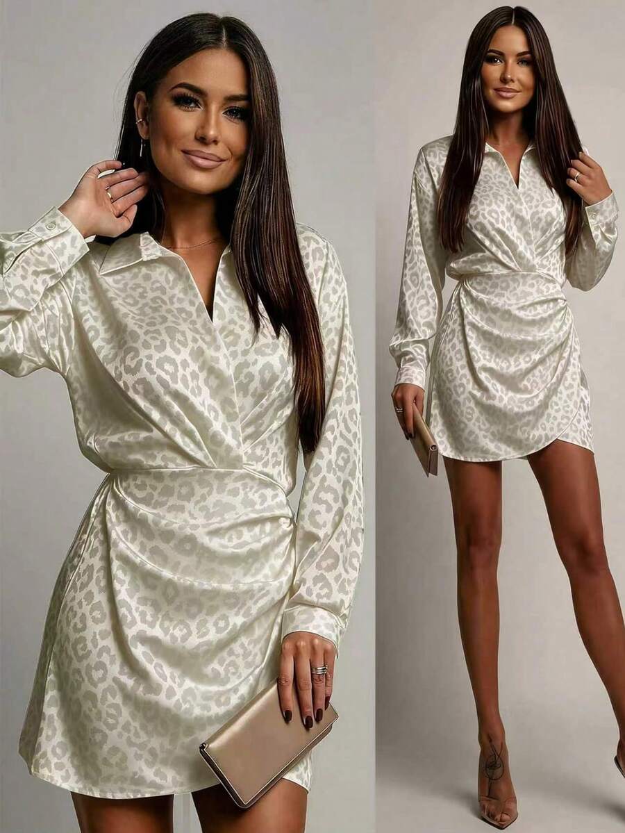 Elegant Casual Women's Satin Leopard Print Short Wrap Dress, Collar & Long Sleeve, Slim Fit