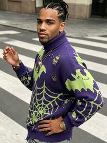 ANDREILEE Men's Halloween Sweater, Fashion Casual Bat Spider Web Funny Pattern Tassel High Neck Long Sleeve Loose Ribbed Pullover Knit Top, Autumn/Winter - Blue - View 4